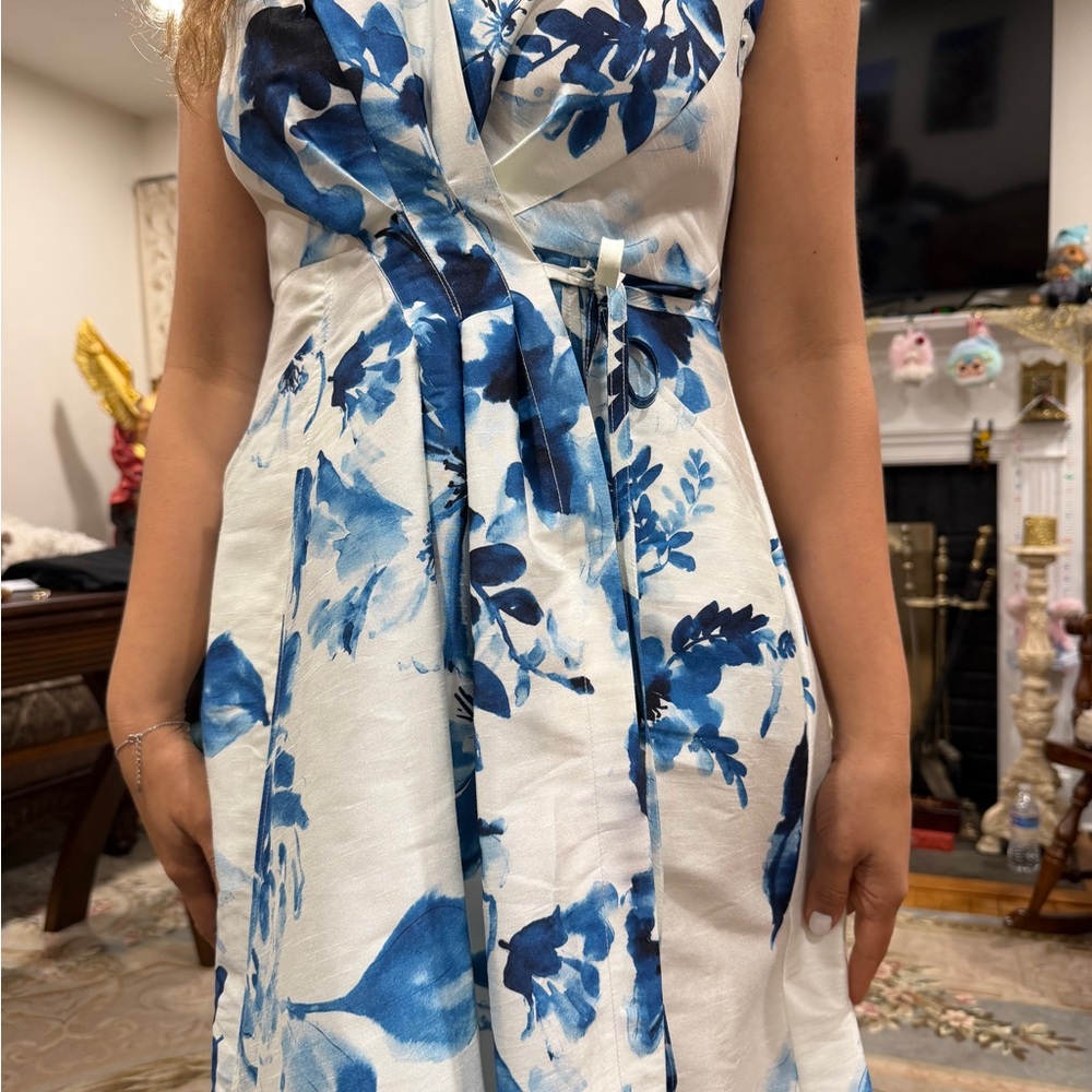 Donna Karan White Dress with Blue Floral Print